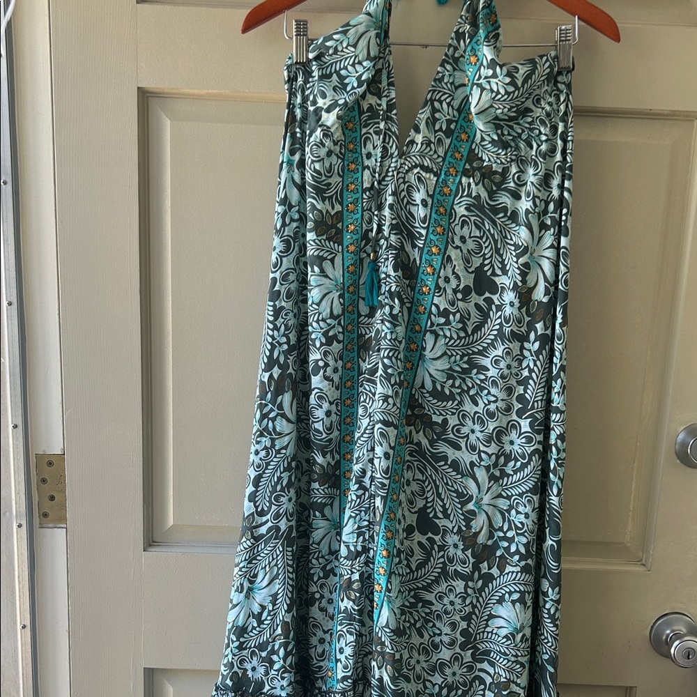Floral Teal Maxi Skirt with Contrast Trim